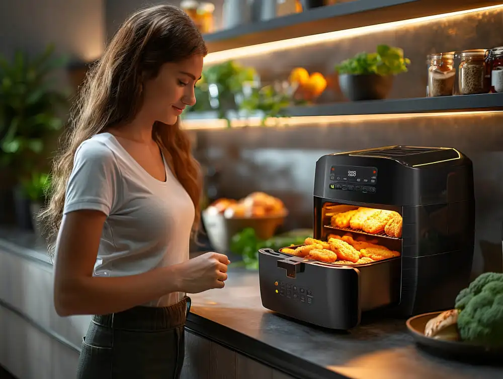Mulher em pé observando frango empanado sendo frito em airfryer aberta.