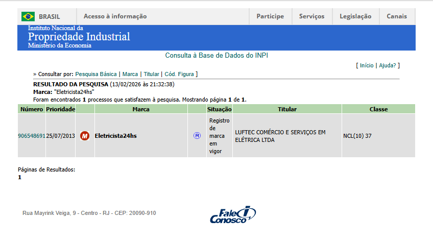 Comprovante de registro da marca Eletricista24hs no INPI com situação em vigor na classe 37 para serviços de instalação e manutenção elétrica