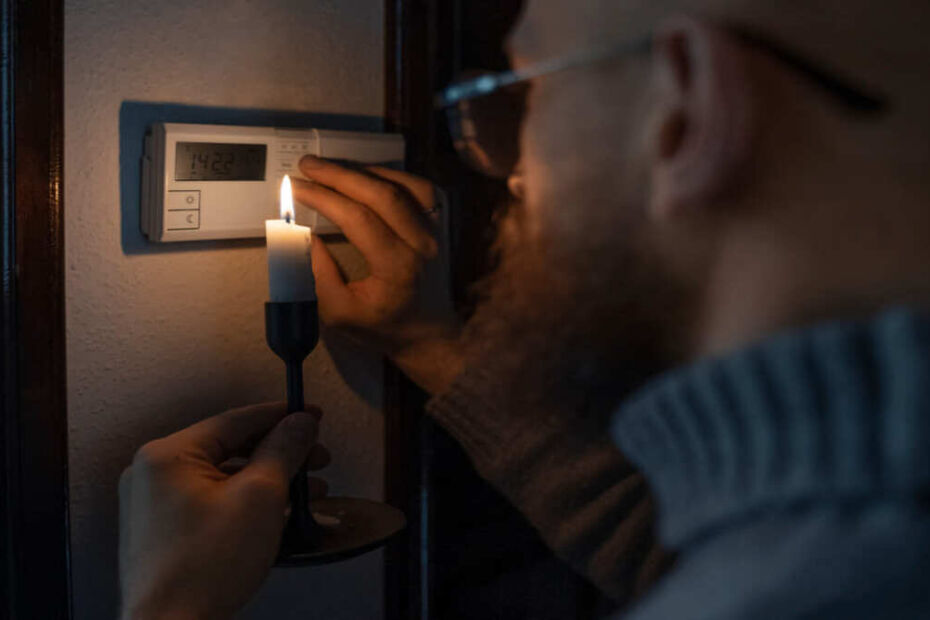 Homem com vela verificando o quadro de disjuntores após acabar a luz em casa