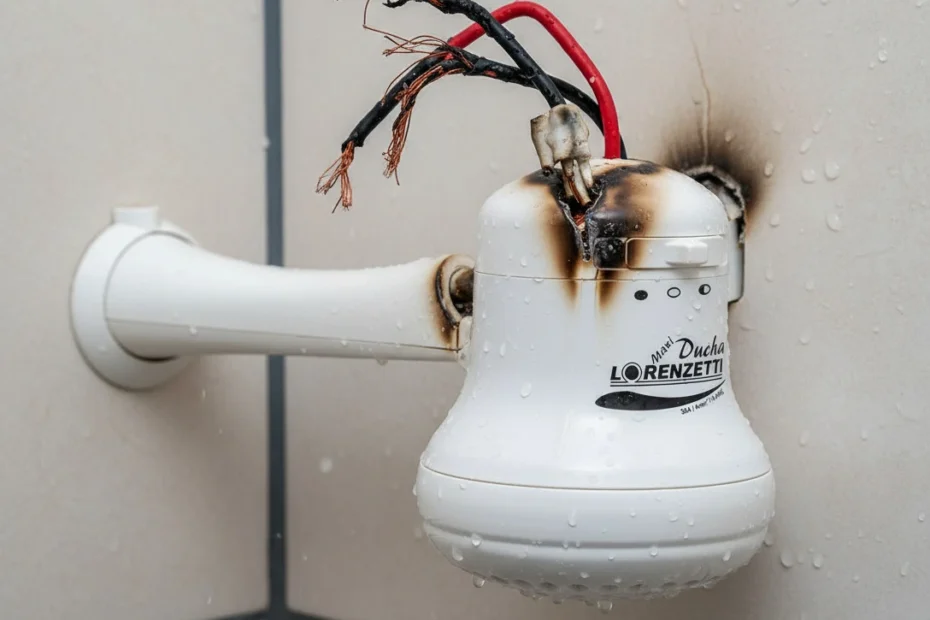 Chuveiro com cheiro de queimado e marcas de queimadura indicando possível problema elétrico