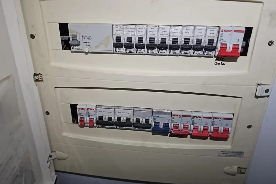 Disjuntor DR desarmado em quadro de energia indicando possível fuga de corrente elétrica