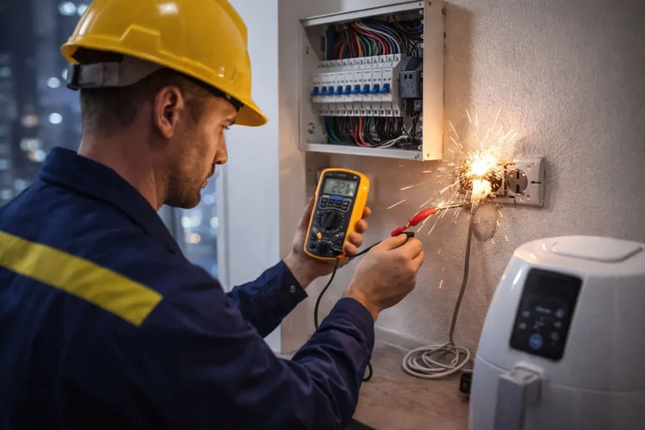 eletricista resolvendo problema elétrico em tomada no Butantã durante atendimento de emergência