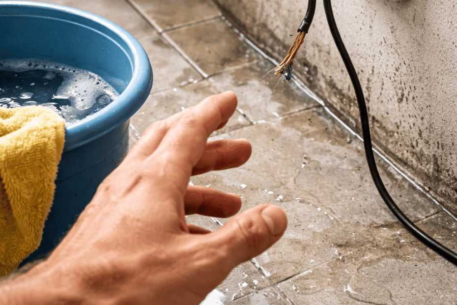 Tipo de problemas elétricos residenciais Extensão desencapada ligada na tomada em área de serviço úmida com risco de choque elétrico