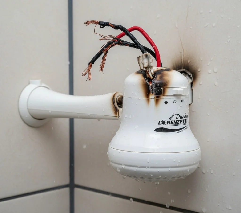 Chuveiro elétrico derretido no Morumbi devido a fio inadequado e sobrecarga você precisa de reparos elétricos urgentes no Morumbi