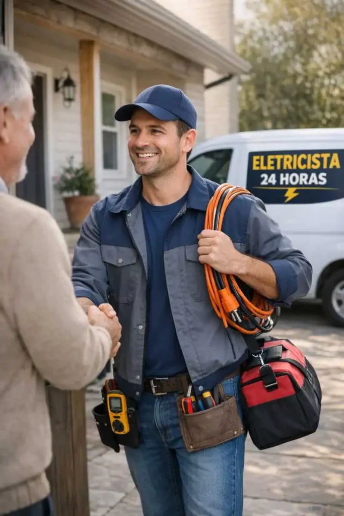 Eletricista 24h em Jundiaí chegando na casa do cliente e cumprimentando no portão para atendimento urgente