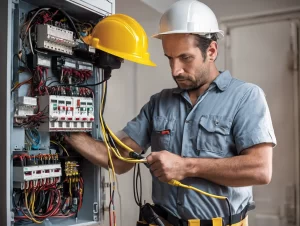 Eletricista puxando fios durante troca de fiação em Jundiaí no quadro elétrico da residência